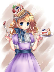 Rule 34 | 1girl, bad id, bad pixiv id, blonde hair, blue eyes, blueberry, bow, cake, child, dress, food, food as clothes, food on head, fork, fruit, goth fashion, hairband, hat, highres, lace, lilks, long hair, object on head, open mouth, pastry, purple dress, solo, strawberry, wavy hair