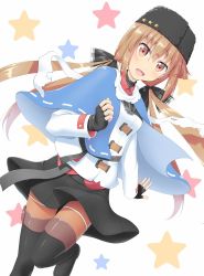 Rule 34 | 1girl, belt, black skirt, blouse, blue shawl, boots, breasts, brown hair, brown thighhighs, fur hat, hair between eyes, hair ornament, hairclip, hat, jacket, kantai collection, kiryu naoto, long sleeves, looking at viewer, low twintails, miniskirt, papakha, red eyes, red shirt, remodel (kantai collection), scarf, shawl, shirt, simple background, skirt, small breasts, solo, star (symbol), tashkent (kancolle), thigh boots, thighhighs, torn clothes, torn scarf, twintails, white background, white jacket, white scarf