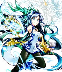 Rule 34 | 1girl, black hair, blue eyes, breasts, chinese clothes, cleavage, dragon, dragon tail, hand fan, gauntlets, horns, karin (p&amp;d), long hair, metta-uchi, pantyhose, puzzle &amp; dragons, single horn, smile, solo, tail