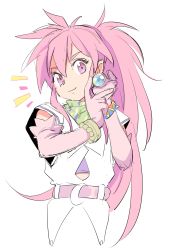 Rule 34 | 1girl, 4lily, arche klein, belt, bracelet, closed mouth, earrings, elbow gloves, gloves, highres, jewelry, long hair, looking at viewer, pink eyes, pink hair, ponytail, simple background, smile, solo, tales of (series), tales of phantasia, white background, wide ponytail