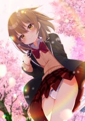 Rule 34 | 1boy, absurdres, blazer, blush, bow, bowtie, brown hair, bulge, cherry blossoms, closed mouth, collared shirt, commission, from below, highres, jacket, looking at viewer, male focus, original, panties, red skirt, shiro9jira, shirt, skeb commission, skirt, smile, solo, sweater vest, trap, underwear, white panties, white shirt