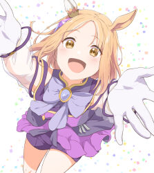 Rule 34 | 1girl, animal ears, blonde hair, blush, bow, bowtie, breasts, brooch, confetti, feet out of frame, gloves, hiro (fluffy palette), horse ears, jacket, jewelry, looking at viewer, narita top road (umamusume), open mouth, outstretched arms, purple jacket, purple shorts, reaching, reaching towards viewer, see-through, see-through sleeves, short hair, short shorts, shorts, small breasts, smile, solo, umamusume, white background, white gloves, yellow eyes