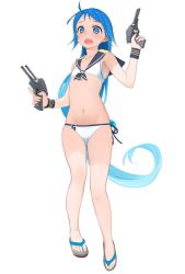 Rule 34 | 10s, 1girl, bikini, blue eyes, blue hair, blush, chagen kokimu, dual wielding, full body, hair ribbon, highres, holding, kantai collection, long hair, matching hair/eyes, navel, open mouth, ponytail, ribbon, samidare (kancolle), sandals, simple background, solo, swimsuit, transparent background, twintails, very long hair