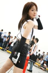 Rule 34 | 1girl, asian, cloudy sky, cosplay, crop top, crop top overhang, dutch angle, final fantasy, final fantasy vii, fingerless gloves, gloves, highres, looking at viewer, looking back, midriff, miniskirt, multiple boys, outdoors, photo (medium), shouka, skirt, smile, solo focus, suspenders, tank top, tifa lockhart