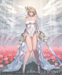 Rule 34 | 1girl, bare shoulders, blonde hair, blue eyes, breasts, character request, commentary request, copyright name, covered navel, cuboon, elbow gloves, evertale, falling petals, flower, gloves, highres, holding, holding sword, holding weapon, large breasts, looking at viewer, official art, outdoors, parted lips, petals, see-through, short hair, solo, standing, sunlight, sword, thighs, weapon, white footwear, white gloves, white headwear