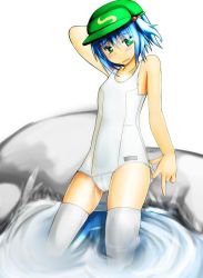 Rule 34 | 1girl, alternate costume, bad id, bad pixiv id, blue hair, collarbone, female focus, green eyes, hair bobbles, hair ornament, hat, kawashiro nitori, ku-ba, one-piece swimsuit, open mouth, school swimsuit, short hair, smile, solo, swimsuit, thighhighs, touhou, twintails, two side up, white school swimsuit, white one-piece swimsuit, white thighhighs