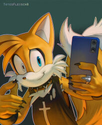 Rule 34 | 1boy, animal nose, artist name, black eyeshadow, black shirt, blue eyes, cellphone, claws, closed mouth, collar, cross print, eyeshadow, fox boy, furry, furry male, heterochromia, holding, holding phone, jewelry, makeup, male focus, multiple tails, phone, ring, selfie, shirt, sleeveless, sleeveless shirt, smartphone, smirk, solo, sonic (series), spiked collar, spikes, tail, tails (sonic), totesfleisch8, two tails, white eyes, yellow fur