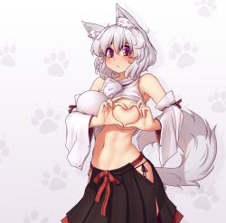Rule 34 | 1girl, :/, animal ears, bare shoulders, black panties, black skirt, blush, breasts, closed mouth, clothes lift, commentary, cowboy shot, crossover, detached sleeves, gradient background, hater (hatater), heart-shaped boob challenge, highres, hip vent, inubashiri momiji, large breasts, lifting own clothes, long sleeves, looking at viewer, medium breasts, navel, nipples, no bra, one breast out, panties, paw print, paw print background, pink eyes, pom pom (clothes), short hair, side-tie panties, silver hair, skirt, sleeveless, smile, solo, standing, stomach, tail, tareme, touhou, underwear, white background, wide sleeves, wolf ears, wolf tail