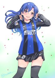 Rule 34 | 1girl, arms up, artist name, black thighhighs, blue hair, blush, confetti, fc internazionale milano, flat chest, gradient background, hair flip, idolmaster, idolmaster (classic), inoue sora, italy, kisaragi chihaya, long hair, long sleeves, nike (company), open mouth, purple eyes, revision, shorts, signature, soccer, soccer uniform, solo, sportswear, sweat, thighhighs, zettai ryouiki