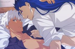 Rule 34 | 2boys, akujiki59, archer (fate), artist name, blue hair, collarbone, collared shirt, commentary request, cu chulainn (fate), cu chulainn (fate/stay night), earrings, fate (series), fingernails, grey eyes, jewelry, long hair, looking at viewer, looking back, lying, male focus, multiple boys, on back, open clothes, open mouth, open shirt, parted lips, red eyes, shirt, short hair, sleeves rolled up, spiked hair, teeth, upper teeth only, white hair, white shirt, yaoi