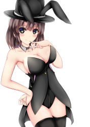 Rule 34 | 1girl, alternate costume, animal ears, black hat, black thighhighs, blush, breasts, brown eyes, brown hair, cleavage, closed mouth, cowboy shot, detached collar, fake animal ears, finger to mouth, hand on own hip, hand up, hat, highres, katou megumi, large breasts, leotard, looking at viewer, mizuki (satukisen), playboy bunny, rabbit ears, saenai heroine no sodatekata, short hair, simple background, smile, solo, standing, strapless, strapless leotard, tareme, thighhighs, top hat, unfinished, white background