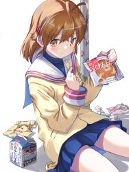 1girl akayama_yukihe anpan antenna_hair blazer blue_skirt blush brown_eyes brown_hair clannad closed_mouth commentary cowboy_shot expressionless food fork furukawa_nagisa hair_between_eyes hair_ornament hairclip hands_up highres hikarizaka_private_high_school_uniform holding holding_food holding_fork jacket long_sleeves looking_at_viewer medium_hair milk_carton miniskirt pleated_skirt sailor_collar school_uniform serafuku simple_background sitting skirt solo tareme tissue tissue_box turtleneck utility_pole white_background white_sailor_collar yellow_jacket