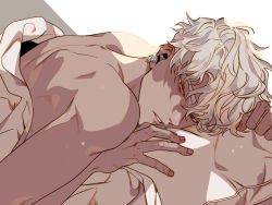 Rule 34 | 1boy, bad id, bad pixiv id, bishounen, brown eyes, commentary request, earclip, looking at viewer, lying, male focus, mare yajin, nude, on stomach, original, parted lips, short hair, solo, under covers, white hair