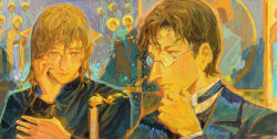 Rule 34 | 2boys, absurdres, alexei karamazov, black robe, black suit, brothers, brown hair, candle, formal, glasses, hand on own chin, head rest, highres, holding own arm, icon (religion), ivan karamazov, long hair, long nose, looking at another, male focus, multiple boys, portrait, religion, robe, short hair, siblings, smile, suit, sutekooooo, talking, the karamazov brothers