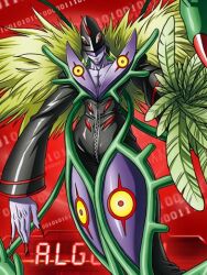 Rule 34 | 1boy, algomon perfect, binary, claws, digimon, digimon (creature), feathers, hat, horns, leaf, lowres, male focus, mask, official art, solo, thorns, yellow eyes