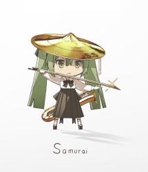 Rule 34 | 1girl, black skirt, bow (music), chibi, chinese commentary, commentary, cymbals, english text, full body, glint, green eyes, green hair, hair ribbon, hat, hatsune miku, highres, improvised weapon, instrument, kieed, light frown, long hair, outstretched arms, pleated skirt, ribbon, samurai, saxophone, scabbard, shadow, sheath, shirt, skirt, solo, sparkle, standing, sword, twintails, v-shaped eyebrows, very long hair, vocaloid, weapon, white background, white shirt