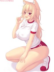 Rule 34 | 1girl, animal ear fluff, animal ears, blonde hair, blush, breasts, buruma, cat ears, cat girl, commentary, covered erect nipples, english commentary, full body, highres, kneeling, large breasts, long hair, nottytiffy, open mouth, original, patreon username, red buruma, red eyes, shirt, short sleeves, smile, solo, thighs, tiffy (nottytiffy), tongue, tongue out, white background, white shirt
