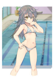 Rule 34 | 1girl, alice gear aegis, bikini, blurry, blurry background, brown eyes, feet out of frame, flat chest, gradient hair, hand on own hip, highres, indoors, long hair, looking at viewer, multicolored hair, navel, pool, shinonome chie, silver bikini, smile, solo, standing, swimsuit, yashin (yasinz)