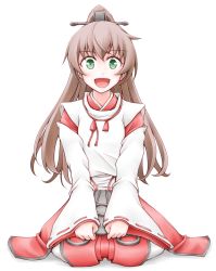 Rule 34 | 1girl, brown hair, commentary request, cosplay, green eyes, hair tie, hakama, hakama skirt, high ponytail, japanese clothes, kantai collection, kariginu, kumano (kancolle), long hair, looking at viewer, meihemu, miko, nisshin (kancolle), nisshin (kancolle) (cosplay), ponytail, red hakama, red ribbon, ribbon, ribbon-trimmed sleeves, ribbon trim, seiza, sitting, skirt, smile, solo