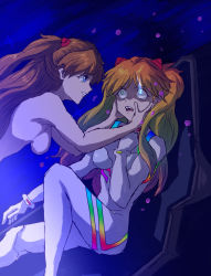 Rule 34 | 2girls, bad id, bad pixiv id, blue eyes, breasts, brown hair, clash, clone, evangelion: 3.0+1.0 thrice upon a time, evil grin, evil smile, glowing, glowing eyes, grin, hair ornament, hairclip, hand on another&#039;s face, highres, long hair, multiple girls, neon genesis evangelion, nervous, nude, open mouth, plugsuit, rebuild of evangelion, sitting, smile, souryuu asuka langley, twintails