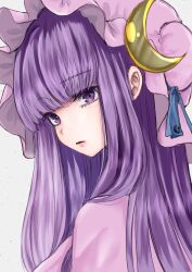 Rule 34 | 1girl, absurdres, blue ribbon, blunt bangs, bun cover, capelet, commentary, crescent, crescent hat ornament, expressionless, hat, hat ornament, hat ribbon, highres, lips, long hair, looking at viewer, mob cap, neyuki3, patchouli knowledge, pink capelet, pink hat, purple eyes, purple hair, ribbon, sidelocks, simple background, solo, straight hair, touhou, upper body, white background