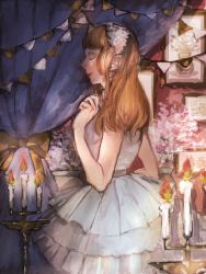 Rule 34 | 1girl, arm up, asuta (syunsn), bad id, bad twitter id, brown hair, candle, candlestand, commentary request, dress, closed eyes, fire, fire, from side, grey dress, long hair, original, pleated dress, profile, short sleeves, string of flags