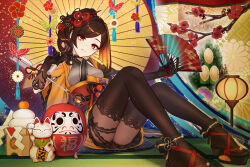 Rule 34 | 1girl, black gloves, brown hair, chiori (genshin impact), genshin impact, gloves, grey kimono, hair ornament, head tilt, highres, holding, japanese clothes, kimono, lace trim, long hair, long sleeves, looking at viewer, multicolored hair, obi, pantyhose, red eyes, sash, side ponytail, sidelocks, sitting, smile, solo, two-tone hair, w10yu1i118yw