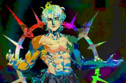 Rule 34 | 1boy, abs, black clover, black clover: sword of the wizard king, conrad leto, halo, highres, io zora, looking at viewer, male focus, multicolored wings, parted lips, pectorals, short hair, signature, solo, topless male, white eyes, white hair, wings