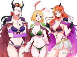 Rule 34 | 3girls, alternate costume, armor, beast pirates, beast pirates uniform, bikini armor, black hair, blonde hair, breasts, cape, carrot (one piece), cleavage, curvy, huge breasts, joman, large breasts, multiple girls, nami (one piece), nico robin, official alternate costume, one piece, orange hair, rabbit ears, rabbit girl, rabbit tail, sunglasses on head, wide hips