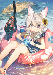 Rule 34 | 1girl, afloat, animal, animal ear fluff, animal ears, anklet, bare arms, bendy straw, bikini, bikini skirt, black cat, bow, bracelet, braid, cat, collarbone, commentary request, copyright request, crop top, cup, day, drink, drinking glass, drinking straw, flower, green bow, grey hair, hair bow, hair flower, hair ornament, hide (hideout), highres, holding, holding cup, innertube, jewelry, looking at viewer, medium hair, open mouth, purple eyes, solo, sunflower, sunflower hair ornament, swim ring, swimsuit, teeth, twin braids, upper teeth only, water, wine glass
