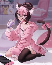 Rule 34 | 1girl, animal ear fluff, animal ears, black hair, black thighhighs, blurry, blurry background, bow, bubble tea, cat ears, cat girl, cat tail, collarbone, commentary, cup, darlingstrawb, drinking straw, english commentary, fang, glasses, hair ribbon, heart, heart in eye, heterochromia, highres, holding, holding cup, hood, hood down, hoodie, indie virtual youtuber, miiikaccino, nintendo switch, open mouth, paw print soles, pink bow, pink eyes, pink hair, pink hoodie, pink ribbon, purple eyes, ribbon, round eyewear, shirt, short hair, single thighhigh, sleeves past wrists, solo, swivel chair, symbol in eye, tail, tail bow, tail ornament, thighhighs, white shirt