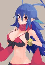 Rule 34 | 1girl, areola slip, blue hair, blush, breasts, cleavage, covered erect nipples, disgaea, disgaea d2, laharl, laharl-chan, large breasts, long hair, looking at viewer, navel, red eyes, solo