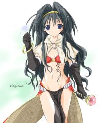Rule 34 | 1girl, black gloves, black hair, blue eyes, capelet, earrings, elbow gloves, gloves, hair intakes, holding, jewelry, long hair, looking at viewer, mage (ragnarok online), magician, midriff, pelvic curtain, ragnarok online, simple background, solo, staff, tokita, wavy hair, white background