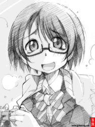 Rule 34 | 1girl, blush, bow, controller, game controller, glasses, gofu, greyscale, looking at viewer, monochrome, open mouth, original, short hair, sketch, smile, solo, tears, traditional media