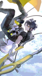 Rule 34 | 1boy, above clouds, absurdres, animal ears, arknights, black footwear, black hair, black pants, black shirt, cellphone, cloud, coat, covered shoulder blades, curtained hair, dog, dog boy, dog ears, dog request, dog tail, falling, foot out of frame, from behind, goggles, highres, holding tool, infection monitor (arknights), looking at viewer, looking back, male focus, midair, pants, parted bangs, phone, shirt, short hair, short sleeves, ski goggles, skin tight, sleepless (wrysmile), smartphone, solo, tail, tinted eyewear, tongue, tongue out, tool belt, unworn coat, windflit (arknights), wire cutters, yellow-tinted eyewear, yellow coat
