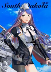 Rule 34 | 1girl, black jacket, black necktie, black pantyhose, black skirt, blue hair, breasts, character name, cloud, crop top, day, detached sleeves, headgear, highres, jacket, kantai collection, long hair, looking at viewer, medium breasts, multicolored hair, navel, necktie, nidou, open mouth, outdoors, pantyhose, red hair, rigging, shirt, single leg pantyhose, skirt, sky, solo, south dakota (kancolle), star (symbol), white hair, white shirt