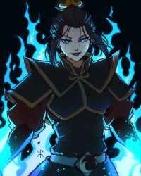 Rule 34 | 1girl, apoloniodraws, armor, avatar legends, azula, black background, black hair, blue eyes, blue fire, fire, looking at viewer, popped collar, princess, simple background, smile, solo