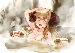 Rule 34 | 10s, 1girl, ^ ^, anila (granblue fantasy), animal, ao (aocooler), blonde hair, blush, breasts, closed eyes, collarbone, draph, eyebrows, granblue fantasy, horns, large breasts, long hair, onsen, partially submerged, sheep, sheep horns, short eyebrows, solo, steam, thick eyebrows, towel, towel on head, water, wavy hair, wet