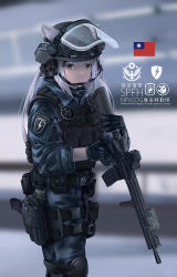 Rule 34 | 1girl, animal ears, assault rifle, black gloves, blurry, blurry background, bulletproof vest, chin strap, chinese commentary, chinese text, commentary request, ears through headwear, face shield, fang zhenjun, gloves, grey jacket, grey pants, gun, handgun, helmet, holding, holding gun, holding weapon, holstered, jacket, knee pads, knees up, long hair, looking at viewer, military, combat helmet, original, pants, pistol, republic of china flag, rifle, soldier, solo, tactical clothes, taiwan, translation request, two side up, weapon, weapon request, white hair, yellow eyes
