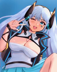 Rule 34 | 1girl, ;d, ahomushi994, bare shoulders, black jacket, blue background, blush, breasts, cleavage, cleavage cutout, clothing cutout, collarbone, dress, facial tattoo, girls&#039; frontline, green eyes, hair between eyes, hair ornament, hand up, headgear, headphones, headset, highres, jacket, large breasts, long hair, long sleeves, one eye closed, open clothes, open mouth, pleated skirt, shirt, sidelocks, simple background, skirt, sleeveless, smile, solo, star tattoo, tattoo, teeth, twintails, upper body, upper teeth only, uts-15 (girls&#039; frontline), very long hair, w, white hair, white shirt