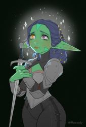 Rule 34 | 1girl, armor, black pants, blue hair, blush, closed mouth, colored skin, female goblin, goblin, green skin, heterochromia, highres, holding, holding sword, holding weapon, long pointy ears, looking up, orange eyes, original, pants, pauldrons, pointy ears, purple eyes, roxxxan, shoulder armor, solo, standing, sword, twitter username, weapon