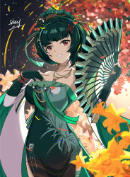Rule 34 | 1girl, absurdres, bare shoulders, brown eyes, china dress, chinese clothes, detached sleeves, dress, elbow gloves, fingerless gloves, flower, gloves, green gloves, green hair, hair ornament, hand fan, hanying (punishing: gray raven), highres, holding, holding fan, jewelry, medium hair, necklace, open mouth, punishing: gray raven, red dress, sidelocks, signature, wide sleeves