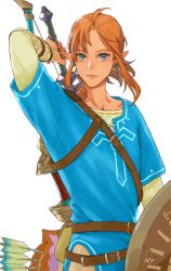 Rule 34 | 1boy, absurdres, ahoge, arm up, arrow (projectile), bad id, bad pixiv id, belt, blonde hair, blue eyes, blue shirt, brown belt, brown pants, closed mouth, collarbone, commentary request, cowboy shot, earrings, highres, holding, holding shield, holding sword, holding weapon, ivy (sena0119), jewelry, layered sleeves, link, long sleeves, looking at viewer, low ponytail, male focus, medium hair, nintendo, pants, parted bangs, pointy ears, quiver, shield, shirt, short over long sleeves, short sleeves, simple background, solo, sword, the legend of zelda, the legend of zelda: breath of the wild, tunic, upper body, weapon, weapon on back, white background, wooden shield