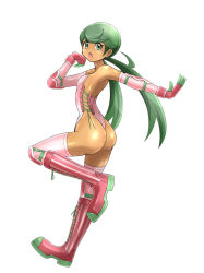 Rule 34 | 1girl, absurdres, alternate costume, arm up, ass, bare shoulders, blush, boots, breasts, chestnut mouth, cosplay, creatures (company), cross-laced footwear, dark-skinned female, dark skin, female focus, from side, full body, game freak, gen 7 pokemon, gloves, green eyes, green hair, hand up, highres, knee boots, knee pads, leg up, leotard, long hair, looking at viewer, lurantis, lurantis (cosplay), mallow (pokemon), matching hair/eyes, nintendo, open mouth, outstretched arm, pink footwear, pink gloves, pink leotard, pink thighhighs, pokemon, pokemon sm, shiny clothes, shiny skin, shoukin500, simple background, small breasts, solo, standing, standing on one leg, strapless, strapless leotard, striped clothes, striped footwear, swept bangs, teeth, thighhighs, thong leotard, twintails, vambraces, white background