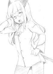 Rule 34 | 1girl, glasses, greyscale, long hair, majima yuki, monochrome, open mouth, perrine h. clostermann, simple background, solo, strike witches, white background, world witches series