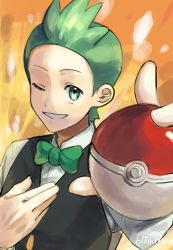 Rule 34 | 1boy, black vest, bow, bowtie, buttons, cilan (pokemon), creatures (company), game freak, green bow, green bowtie, green eyes, green hair, highres, holding, holding poke ball, keytaro1125, looking at viewer, male focus, nintendo, one eye closed, orange background, poke ball, poke ball (basic), pokemon, pokemon bw, shirt, short hair, smile, solo, traditional bowtie, upper body, vest, white shirt