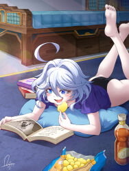 Rule 34 | 1girl, absurdres, ass, bare legs, barefoot, black panties, blue eyes, blue shirt, book, bottle, chips (food), commentary, cowlick, cushion, dasoin, dated, drop-shaped pupils, eating, english commentary, food, furina (genshin impact), genshin impact, grey hair, hair between eyes, heterochromia, highres, holding, holding food, indoors, lying, on floor, on stomach, open book, panties, potato chips, reading, shirt, short sleeves, signature, soles, solo, symbol-shaped pupils, toes, underwear