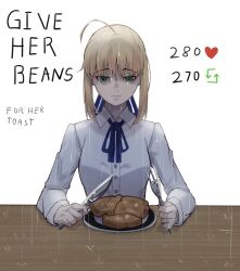 Rule 34 | 1girl, absurdres, ahoge, artoria pendragon (all), artoria pendragon (fate), blonde hair, blue ribbon, bow, bread slice, closed mouth, eating, english text, fate/grand order, fate/stay night, fate (series), food, fork, gloves, green eyes, hair between eyes, hair ribbon, hh (hehexd06161704), highres, holding, holding fork, holding knife, knife, long hair, long sleeves, looking at food, neck ribbon, plate, rain, ribbon, saber (fate), sad, shirt, sidelocks, simple background, solo, table, toast, upper body, white background, white shirt