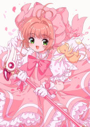 Rule 34 | 1girl, 1other, absurdres, antenna hair, bow, brown hair, cardcaptor sakura, dress, frilled dress, frills, gloves, green eyes, hat, highres, holding, kero (cardcaptor sakura), kinomoto sakura, kisumi rei, magical girl, open mouth, petals, pinafore dress, pink theme, puffy short sleeves, puffy sleeves, short sleeves, signature, sleeveless, sleeveless dress, smile, staff, white background, white gloves