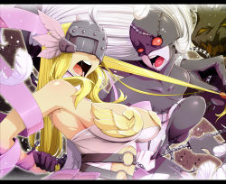 Rule 34 | 2girls, angel and devil, angewomon, armor, bare shoulders, belt, blonde hair, breastplate, breasts, catfight, chain, claws, cleavage, covered eyes, demon girl, digimon, digimon (creature), digimon adventure, feathered wings, feathers, gloves, grabbing another&#039;s hair, helmet, ladydevimon, large breasts, long hair, mask, materclaws, multiple girls, open mouth, pale skin, rage face, red eyes, silver hair, single glove, torn clothes, winged helmet, wings